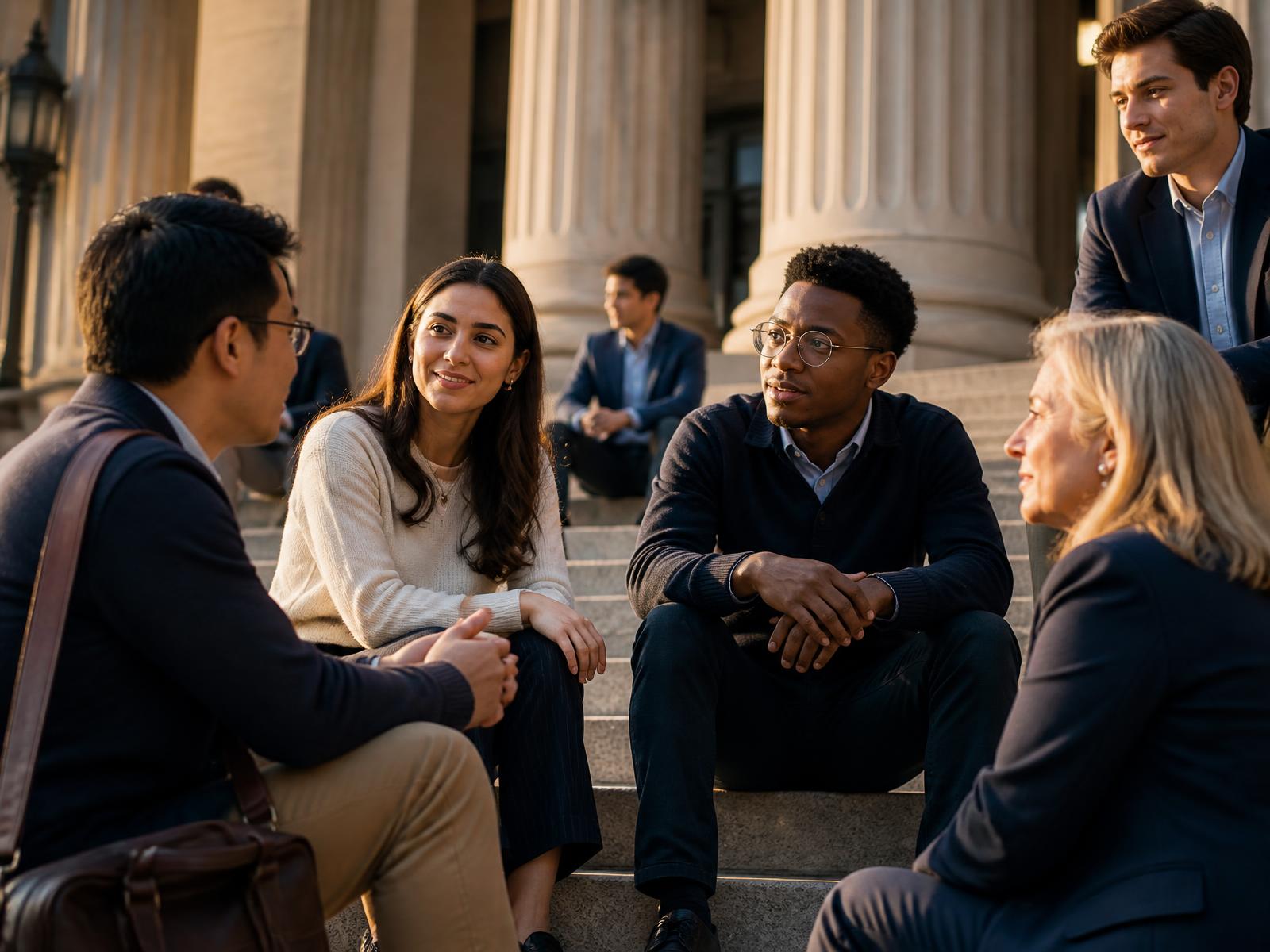 Fellows and mentors in conversation on the steps of an institutional building